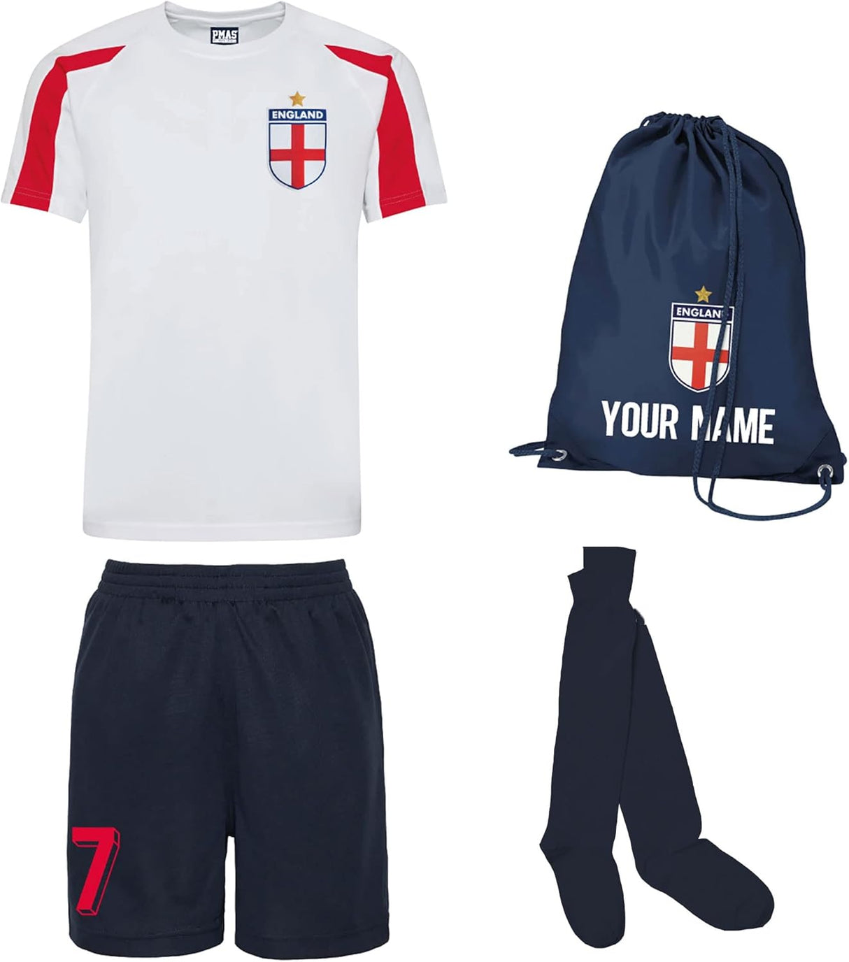 Personalised England Style Kit White and Red Football Shirt, Navy Blue Shorts, Bag and Socks for Boys and Girls Best Birthday Gift for Children Kids Playwear.