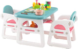 COSTWAY Toddler Table and Chairs Set, Plactic Children Activity Table with Storage Rack, 3-Piece Kids Furniture for Bedroom, Playroom, Nursery (Blue & Pink).