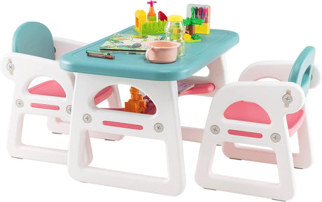 COSTWAY Toddler Table and Chairs Set, Plactic Children Activity Table with Storage Rack, 3-Piece Kids Furniture for Bedroom, Playroom, Nursery (Blue & Pink).