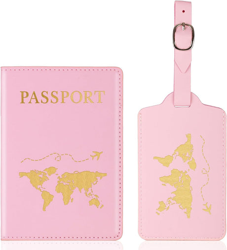 Cozevdnt Passport Holder Cover, PU Leather Travel Wallet, World Map Pattern Passport Wallet and Suitcase Tag, for Credit Card, Money, Business Cards, Passport, Boarding Passes(Pink).