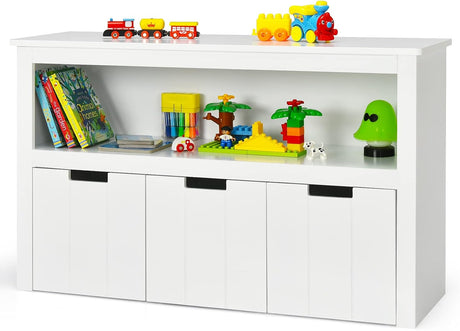 GYMAX Kids Storage Cabinet, Children Bookcase with Drawers & Large Open Shelf, Wooden Toy Organizer for Playroom Nursery Bedroom (White Top + 3 Drawers with Wheels, 102 x 33 x 62 cm).