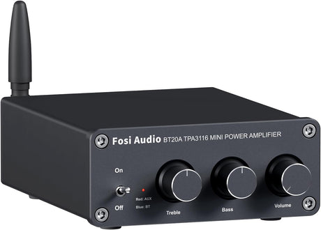 Fosi Audio BT20A Bluetooth Amplifier for Speakers, Mini Stereo 2 Channel Amp Class D, with TPA3116 Chips 100W x 2 and Bass Treble Controls, for Home Audio Outdoor Passive Desktop Bookshelf Speakers.