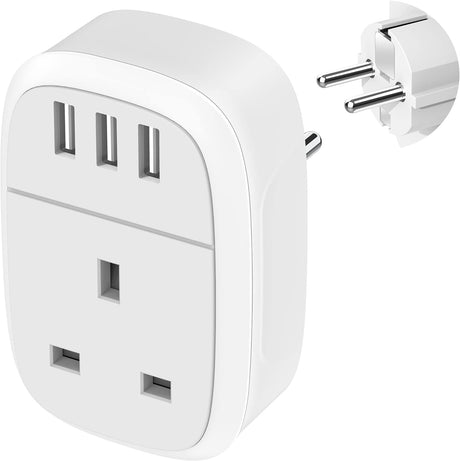 UK to European Adapter Plug with 3 USB Ports, EU Schuko Travel Euro Europe Grounded Charger for Germany France Spain Turkey Russia Iceland Greece Poland Portugal Austria Netherlands(Type E/F).