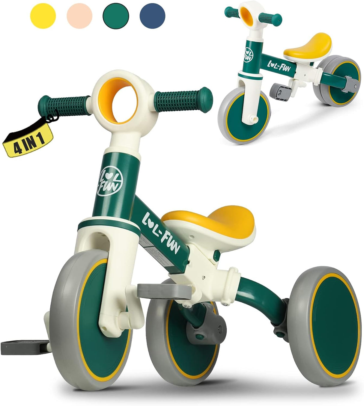 LOL-FUN Toddler Balance Bike for 1 2 Years Old, 4 in 1 Baby Bicycle for 1 to 4 Years Old Boys Girls Present, 3 Wheel Tricycle with Removable Pedal.