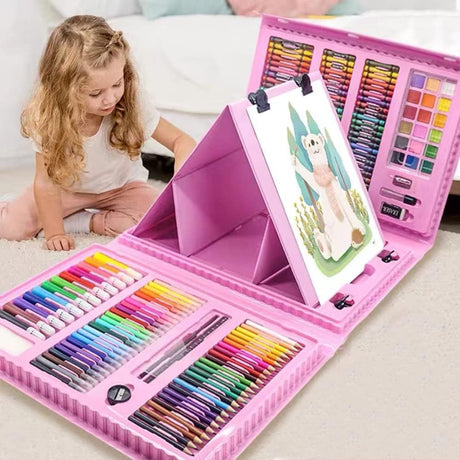 XDISHYN 208 PCS Art Supplies, BRAND Drawing Kit for Kids Adults Art Set with Double Sided Trifold Easel, Oil Pastels, Crayons(Pink).