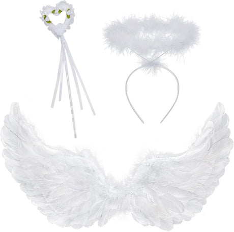 Angel Wings Costume for Kids Adults with Angel Halo Wand Angel Fairy Wings Fancy Dress for Carnival Halloween Christmas Party Dress Up Pretend Play Gift for Women Girls….