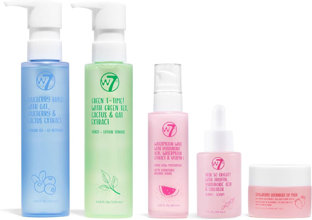 W7 Self-Care Skincare Set - 5 Step Daily Routine - Moisturiser, Serum, Toner, Cleanser & Lip Mask - Full Size Ultimate Skin Care Kit for Natural, Beautiful Skin.