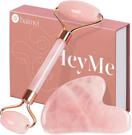 BAIMEI Gua Sha & Jade Roller,Gua Sha Stone, Guasha Tool face, Self Care Gift for Women and Men, Massager for Face, Eyes, Neck, Face Care, Mother's Day Gift - Rose Quartz.