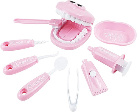 9Pcs/Set Kids Brushing Game Educational Dental Scene Toys Teeth Model Preschool Teaching Learning Toy Doctor Playset for Toddlers Costume Role Play (Pink).