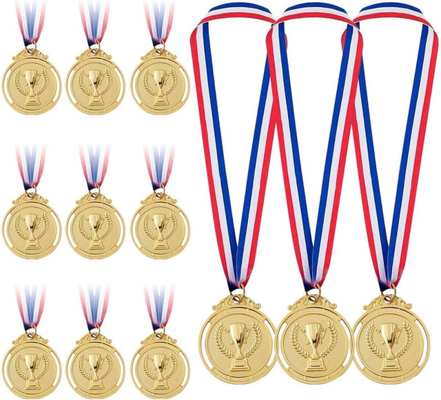 WDKXCN Gold Medals for Children, 12 Pieces Awards Winner Kids Medals, Metal Medals with Trophies Carving Pattern and Ribbon, Personalised Gold Medal for Sports, Football, Party, Olympic Style (Gold).