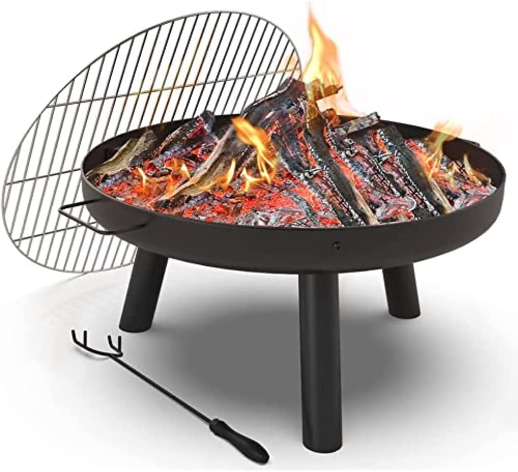 VOUNOT Fire Pit for Garden with Grill Grate and Poker, Outdoor Patio Heater Charcoal Log Wood Burner, Fire Bowl for Bonfire, Picnic, Camping, Diameter 60 cm