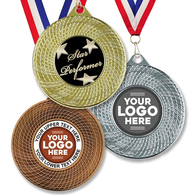 Trophy Monster Pack of 10x Metal 50mm Star Performer Vortex Award Medals & Ribbons Standard emblem or your logo FREE | Personalised | Quantity Deals 50,100,250 or 500 | Gold, silver or bronze.