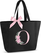 Vavabox A-Z Initial Personalized Tote Bag,Waterproof Gifts for Women, Bridesmaids,Mom,Teachers,Friends (A, Black).