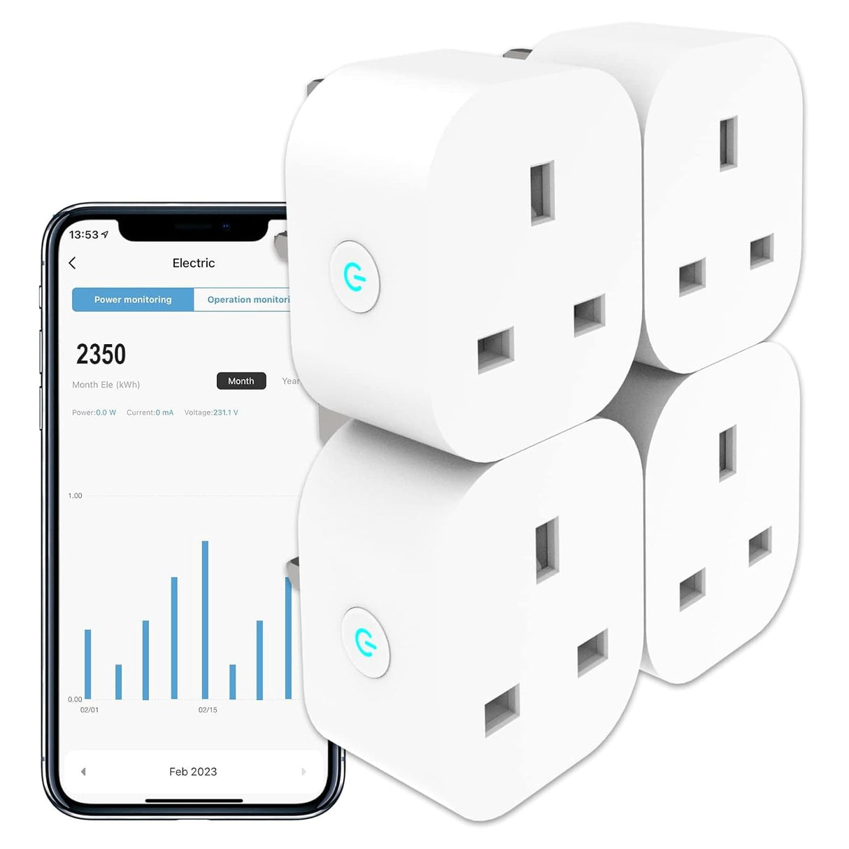 ANTELA Smart Plug with Energy Monitoring, Alexa Voice Control, 2,4GHz WiFi Plug, Smart Life APP Wireless Remote Control and Timer Function, Work with Alexa and Google Home, 13A (4 Packs).