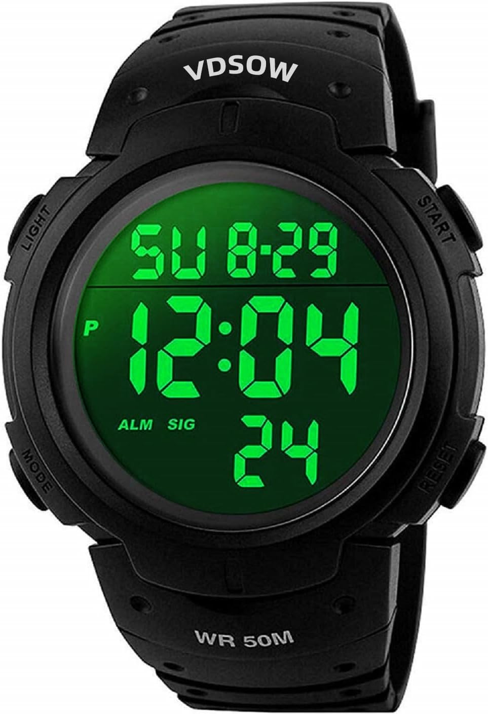 VDSOW Men's Waterproof Sport Watch with Alarm/Stopwatch, Large Wrist Military with LED Backlight, Black, S, Strap, Black, S, Strap.