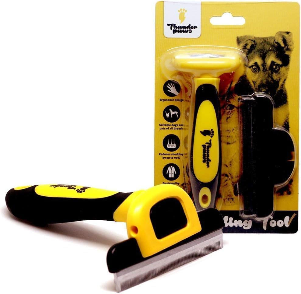 Best Professional Deshedding Tool and Pet Grooming Brush – D-Shedz by Thunderpaws for Small, Medium and Large Breeds of Dogs and Cats with Short or Long Hair Yellow