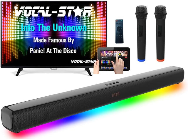 Vocal-Star Karaoke Machine, 300w Soundbar Speaker, 2 Wireless UHF Microphones, Light Effects, HDMI ARC, BT, AUX, Optical, All in One Entertainment System.