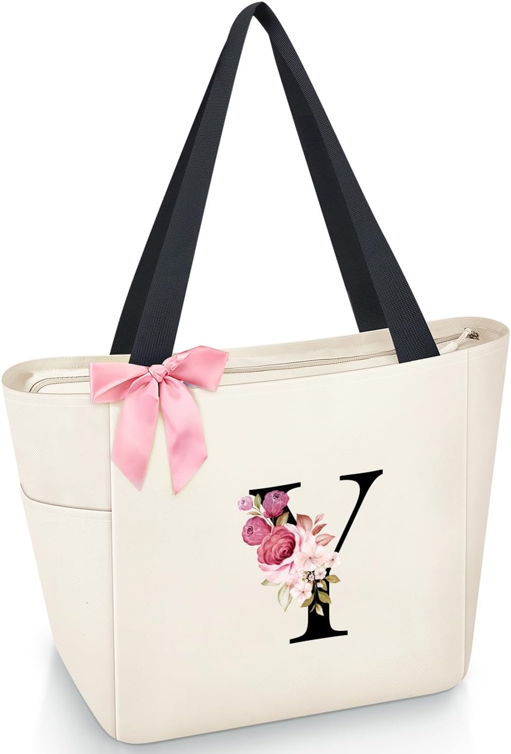 Vavabox A-Z Initial Personalized Tote Bag,Waterproof Gifts for Women, Bridesmaids,Mom,Teachers,Friends (A, Black).