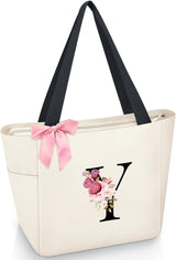 Vavabox A-Z Initial Personalized Tote Bag,Waterproof Gifts for Women, Bridesmaids,Mom,Teachers,Friends (A, Black).