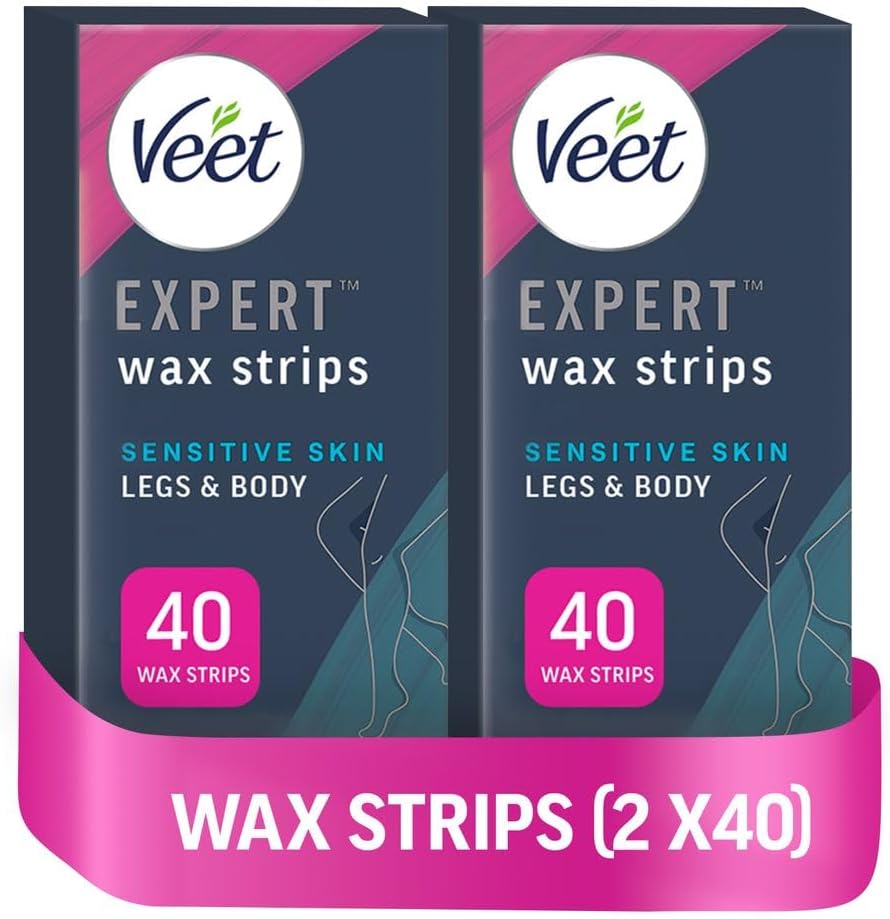 Veet Expert Cold Wax Strips, 40 Waxing Strips + 4 Finish Wipes, Wax Strips For Sensitive Skin, Waxing Kit, Leg Wax Strips, Sensitive Skin, Smooth Skin, Waxing, Hair Removal.