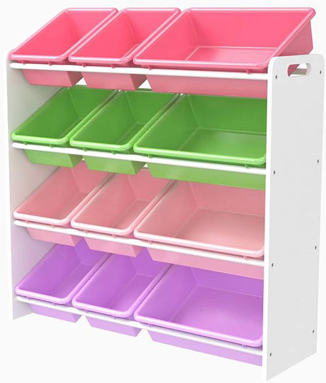 Soumas - Toy Storage Unit - Kids Toys Organiser with Multiple Removable Plastic Bins for Livingroom/Bedroom/Playroom (White Wood with White Bins).