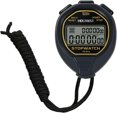 MOSTRUST Digital Waterproof Stopwatch, 30Laps Split Memory Stopwatch, No Bells, No Clock, Simple Basic Operation, Silent, ON/Off, Large Display for Swimming Running Training Coaches Referees (Black).