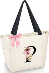 Vavabox A-Z Initial Personalized Tote Bag,Waterproof Gifts for Women, Bridesmaids,Mom,Teachers,Friends (A, Black).