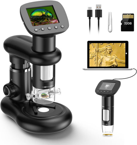 Handheld Digital Microscope D-MS1 with 2" IPS Screen - Take pictures & videos - Download to PC & Mac - 1000X Pocket Microscope for Kids/Adults with Stand 32G SD Card - Use Indoors&Outdoors (black)