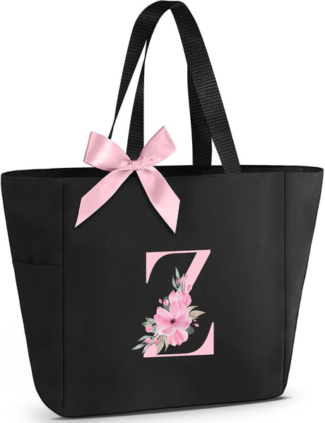 Vavabox A-Z Initial Personalized Tote Bag,Waterproof Gifts for Women, Bridesmaids,Mom,Teachers,Friends (A, Black).