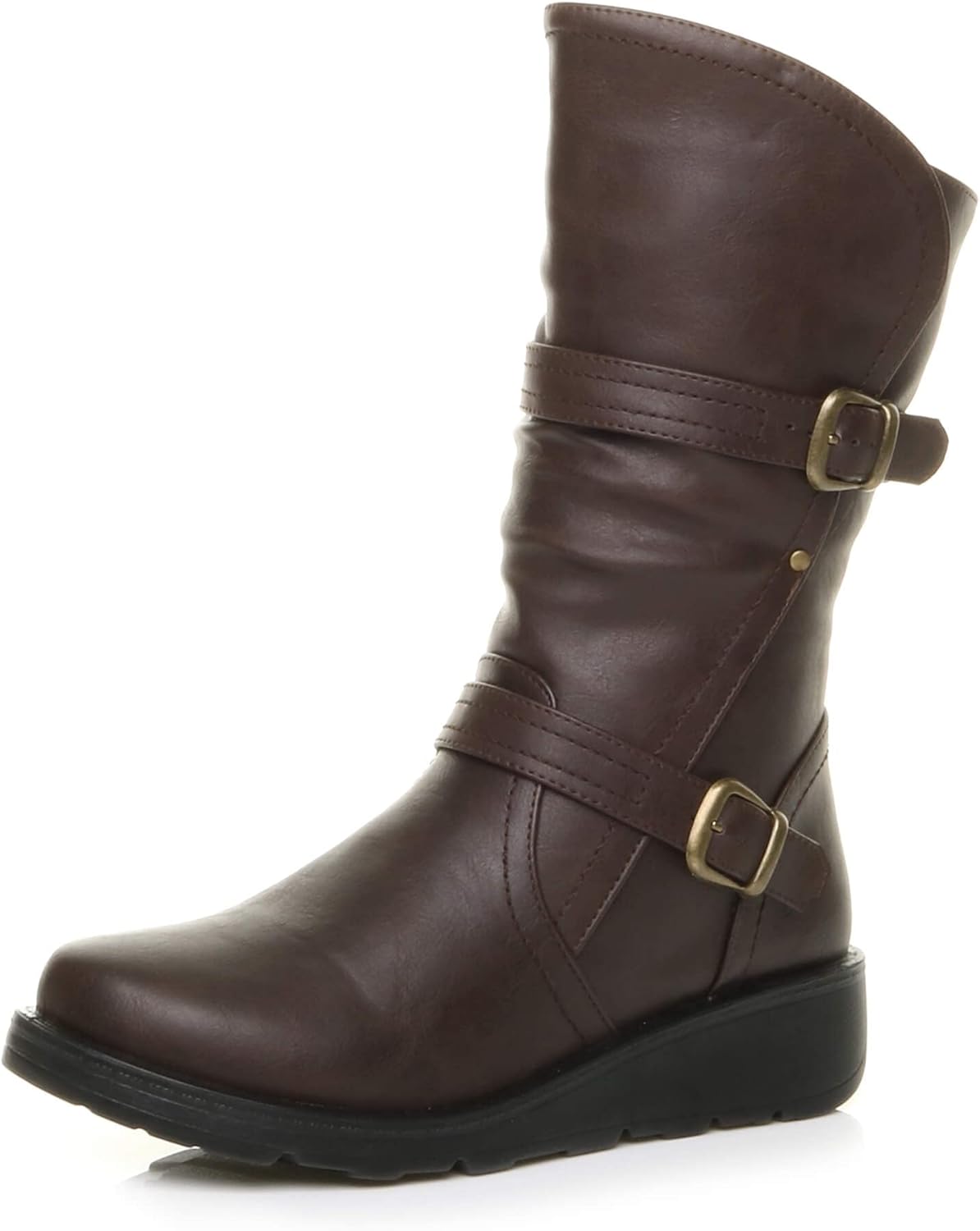 AJVANI Womens Ladies Low Wedge Lightweight Heel Ruched Buckle Winter Comfort Calf Boots Size.