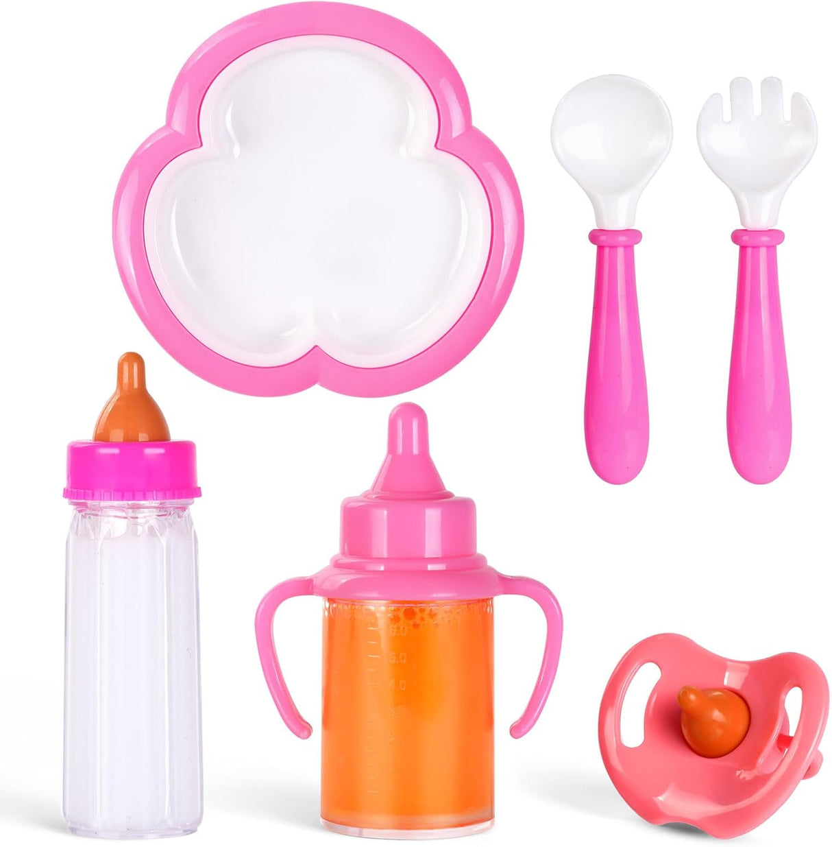 Aolso 6 Pcs Baby Doll Feeding Set, 2 Pcs Magic Baby Doll Milk Bottle and 1 Pcs Dummy, Spoons and Forks and 1 Dinner Plate, Baby Doll Feeding Accessories, Easy for Small Hands, Gift for Boy and Girl.