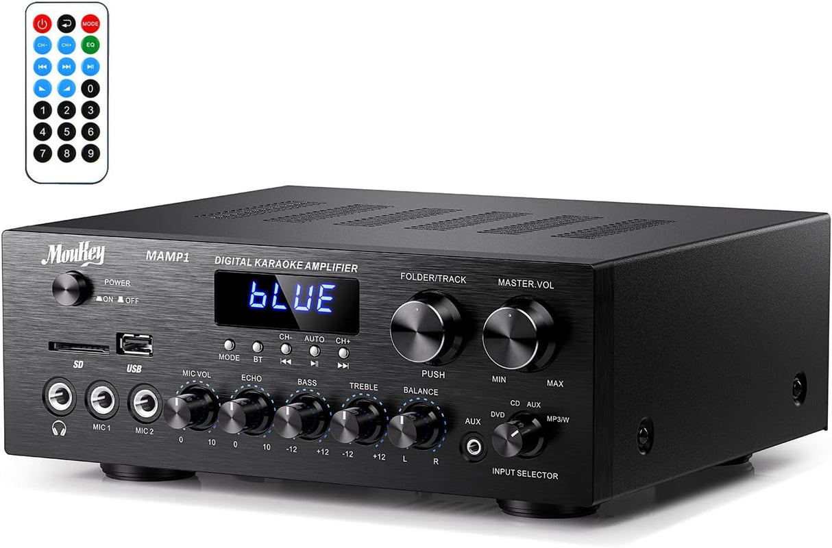 Stereo Power Audio Amplifier 220W Bluetooth 5.0, Moukey 2.0 Channel Stereo Audio Receiver with USB, SD, AUX, RCA, MIC in with Echo, Radio, LED for Home Theater Speakers, Studio, MAMP1.