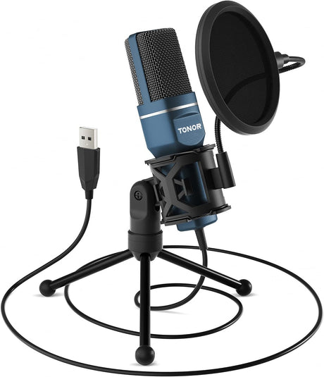 TONOR TC-777 Podcast Microphone, USB Computer Microphone, Cardioid Condenser PC Mic with Tripod Stand and Pop Filter for Podcasting, Streaming, Vocal Recording, Compatible with PC & Laptop, PS4/5.