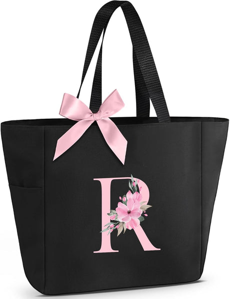 Vavabox A-Z Initial Personalized Tote Bag,Waterproof Gifts for Women, Bridesmaids,Mom,Teachers,Friends (A, Black).