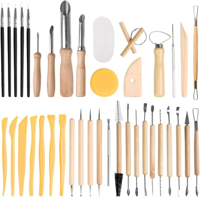 FOCCTS 40Pcs Pottery Clay Sculpting Tools, Wooden Pottery Carving Tools Set Sculpture Ceramic Tools Kit Used for for Shaping, Modeling, Smoothing, etc.