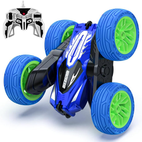 BEZGAR LED Remote Control Cars - 2.4GHz Double Sided Stunt Car, 360° Flips Rotating 4WD RC Car, Indoor & Outdoor Fun Rechargeable Toy Gifts for Boys Kids Girls, TD203 Blue.