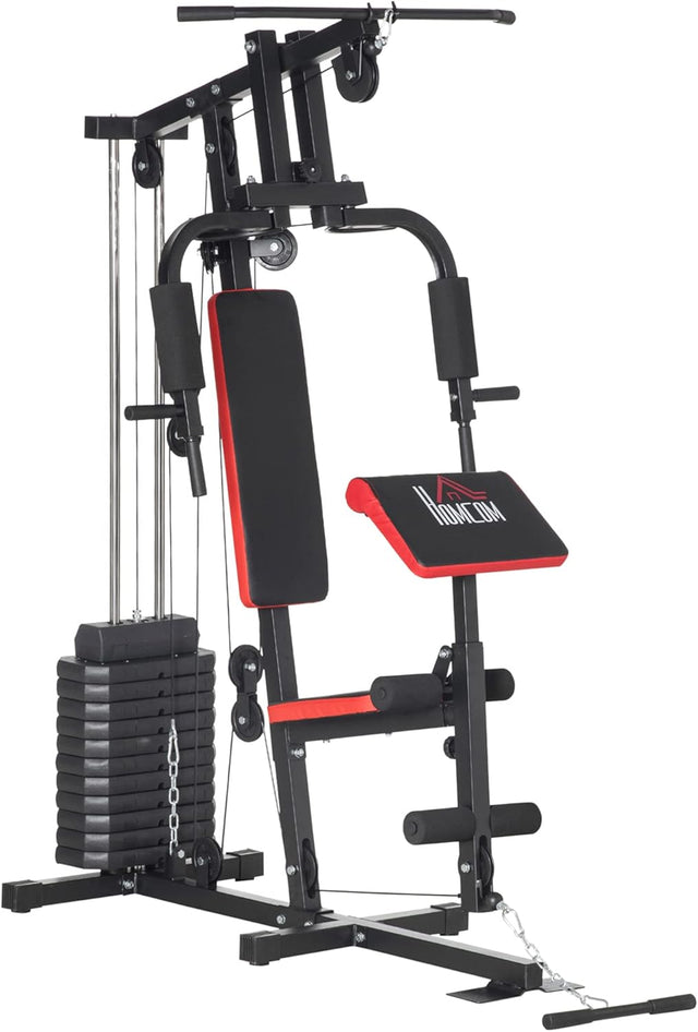 HOMCOM Multi Gym with Weights, Multifunction Home Gym Machine with 66kg Weight Stack for Full Body Workout and Strength Training, Red.