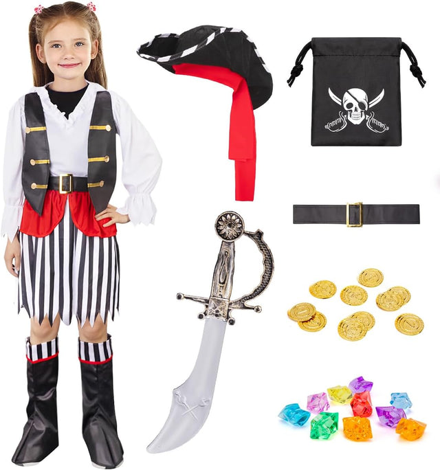 MELAND Pirate Costume Kids, Pirates Dress Up with Boots for Girls Age 3-10, Fancy Dress for Kids Role Play Halloween Costumes.