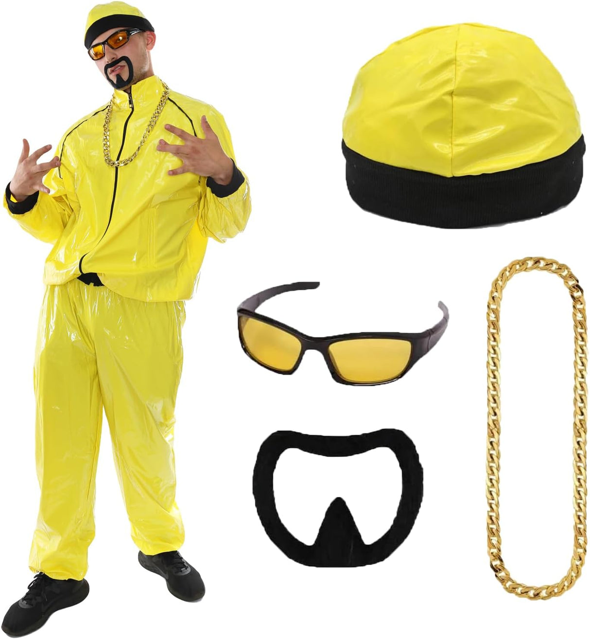 90s Celebrity Costume - Adults Yellow & Black Shell Suit + Matching Hat + Sunglasses + Gold Chain + Black Goatee - Funny Rapper Halloween Stag Do Fancy Dress Costume.