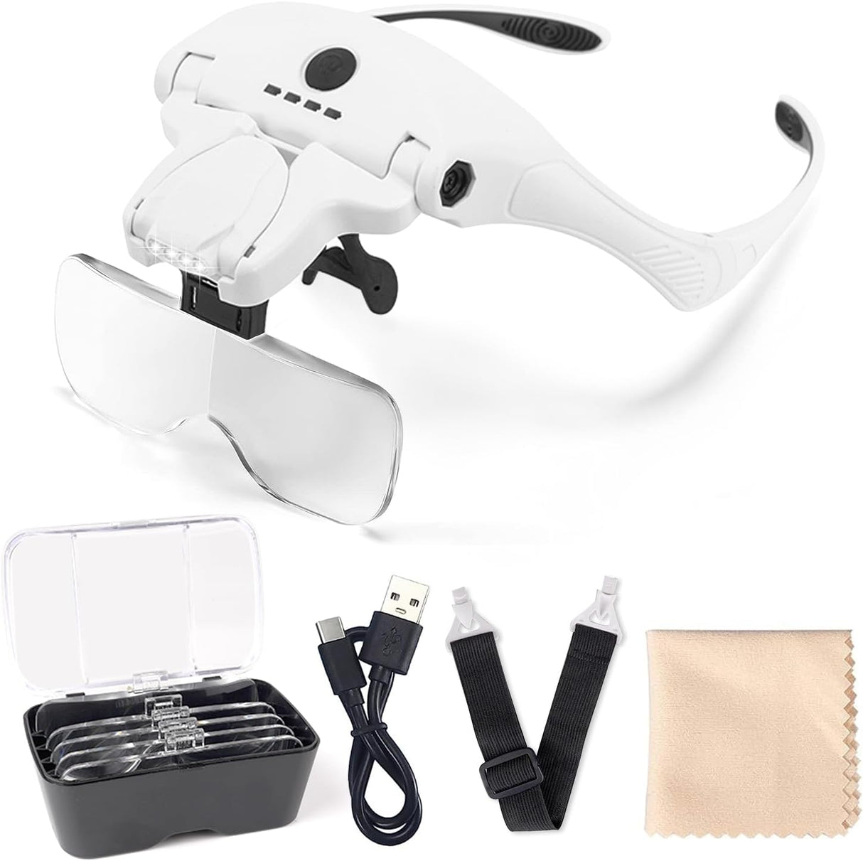 LED Head Magnifying Glass with Light, Rechargeable Hands Free Head Mount Magnifier with 4 LED Lights, Magnifying Glasses for Hobbies with 5 Detachable Lenses 1.0X 1.5X 2.0X 2.5X 3.5X.