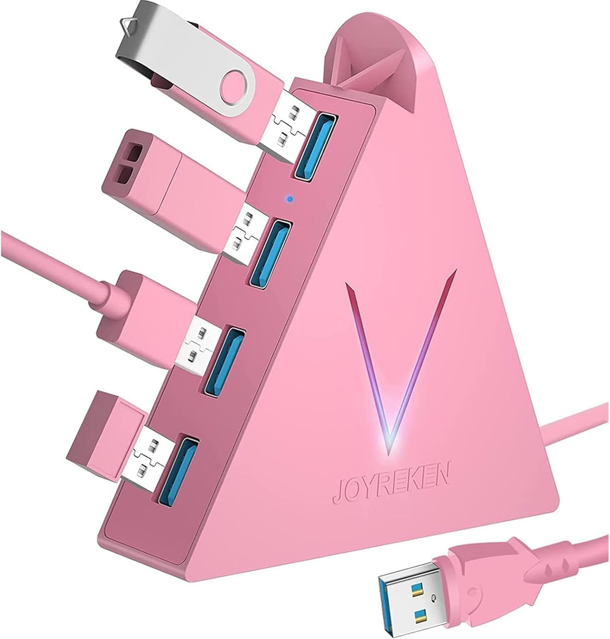 JoyReken 4-Port USB 3.0 Hub, FlyingVHUB Vertical Data USB Hub with 2 ft Extended Cable, for Mac, PC, Xbox One, PS4, PS5, iMac, Surface Pro, XPS, Laptop, Desktop, Flash Drive, Mobile HDD (Pink).