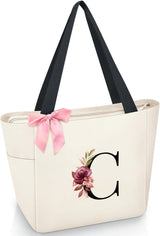 Vavabox A-Z Initial Personalized Tote Bag,Waterproof Gifts for Women, Bridesmaids,Mom,Teachers,Friends (A, Black).