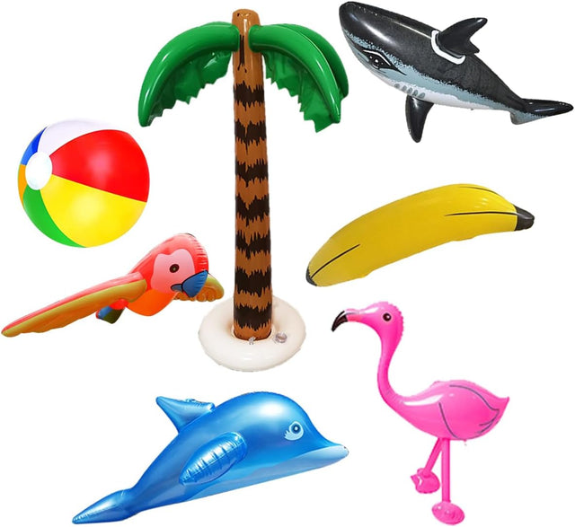 PIUMOJ Inflatable Palm Tree Toy Set, Inflatable Palm Trees, Inflatable Flamingos, Parrot, Bananana, Beach Balls, Toy for Summer, Swimming Pool, Hawaii, Decoration, Theme Party, 7 Pieces.