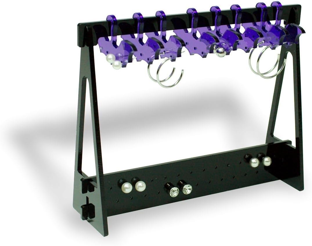 TIELO Earring Holder Mini Bat Wardrobe Hanger, Display Storage, Gothic Halloween, Unique (Black Rack, Purple Hangers).