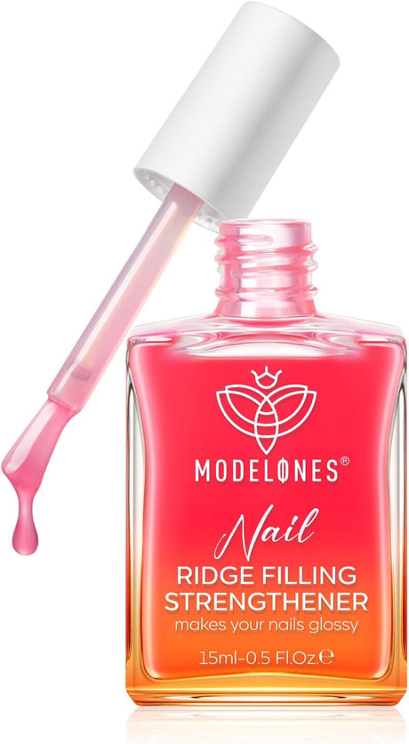 Modelones Nail Care 8 in one Ridge Filling Strengthener Treatment, Nail Polish Strengthener for Damaged and Weak Nails, Nail Hardener Extra Strong and Growth Smoothing Base Coat Rose Nail Varnish 15ml.