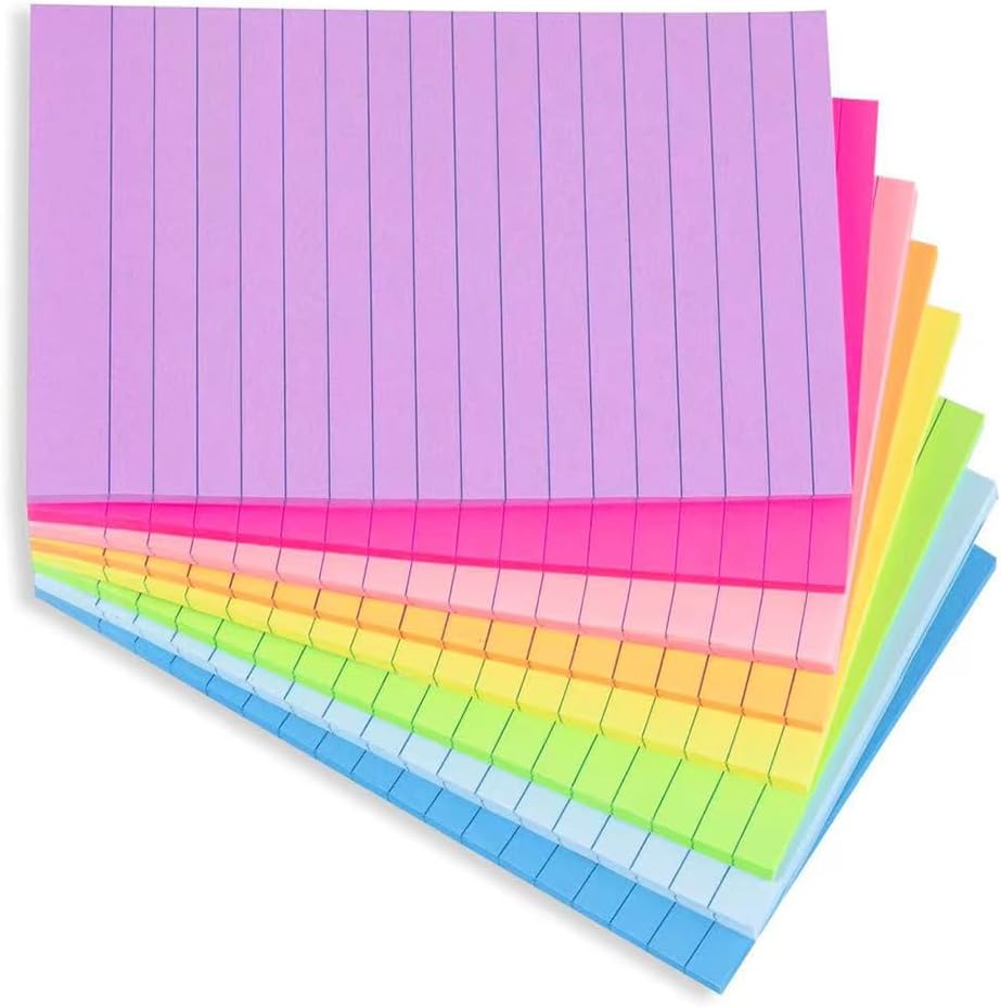 8 Pads - 4X6 in Lined Sticky Notes,8Colors Post Self Stick Notes Pads, Pastel Stickies Colorful Super Sticking Memo Pads,Strong Adhesive, 45 Sheets/pad, 360 Sheets Total