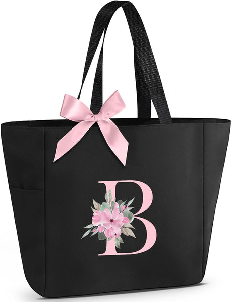 Vavabox A-Z Initial Personalized Tote Bag,Waterproof Gifts for Women, Bridesmaids,Mom,Teachers,Friends (A, Black).