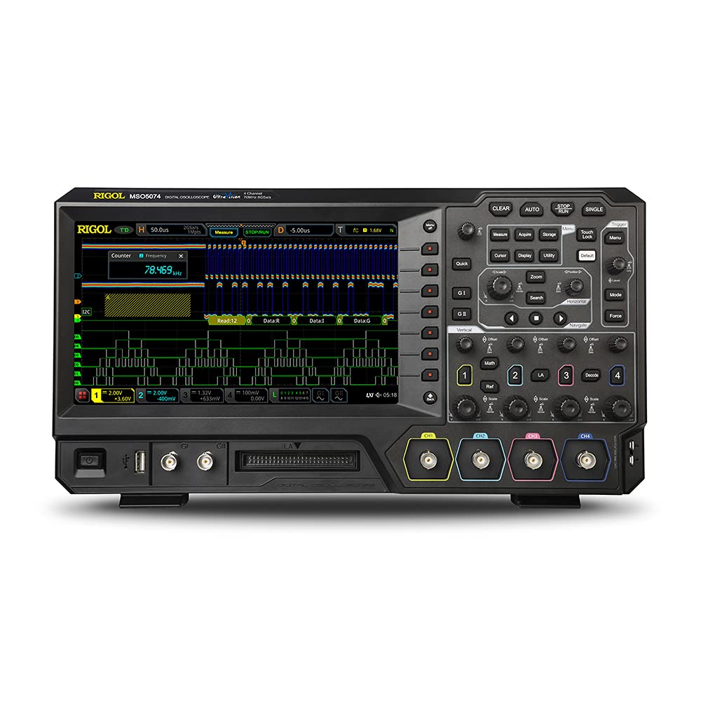 RIGOL MSO5074 Mixed-Signal Oscilloscope, 70MHz, 100Mpts, 8GSa/s, 4 Analog Channels, 16 Digital Channels, Free Protocol decoding Function, Free Signal Generator Function.