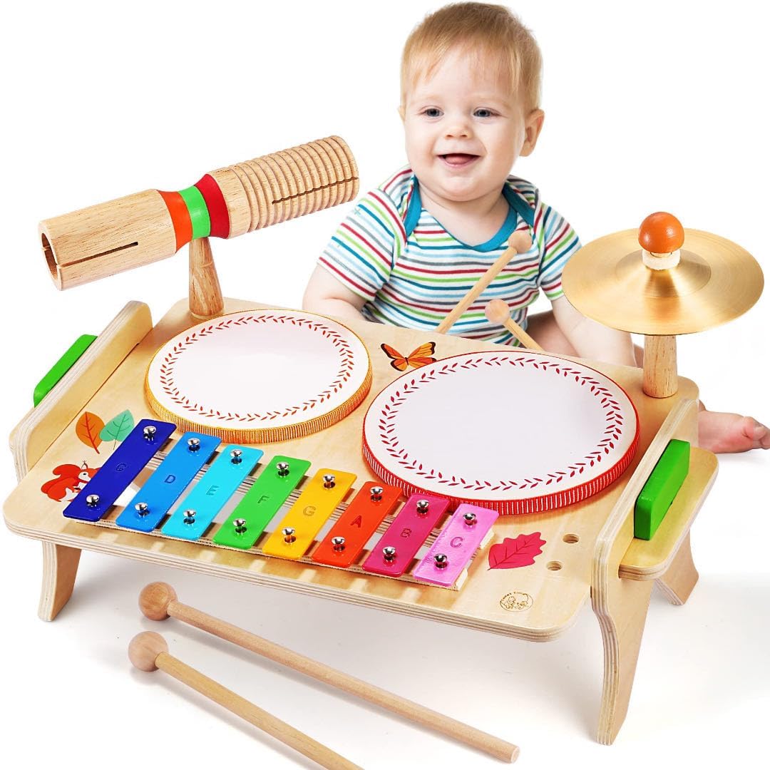 Sweet time Kids Drum Set, Baby Musical Instruments Toys for Toddlers, 7 in 1 Wooden Xylophone Toddler Drum Set Percussion Instruments Musical Toys Birthday Gifts for Children Boys and Girls.