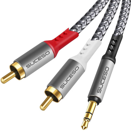 SUCESO Phono to 3.5mm Jack Cable 2x RCA to 3.5mm Male Headphone Mini Jack Stereo Audio Y Splitter Red & White Aux Cord Compatible with Hi-Fi Amplifier Speaker Car DJ Controller TV Phone Turntable - 2M.